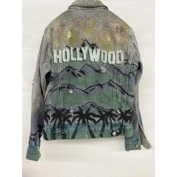 NEW Sz M Medium Mens Amiri Los Angeles Indigo Denim Airbrush "Hollywood" Jacket - Picture 10 of 11